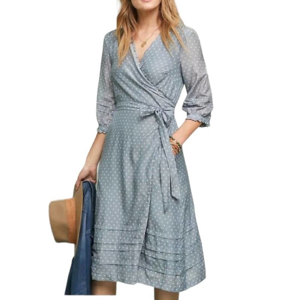 Trovata Birds of Paradise Blue white Polka Dot Silk Blend Wrap dress sz: XS